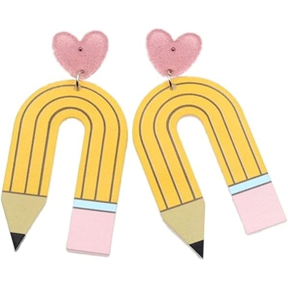 Jewelry - Acrylic Pierced Pencil Dangle Earrings Pink Heart Studs NIP